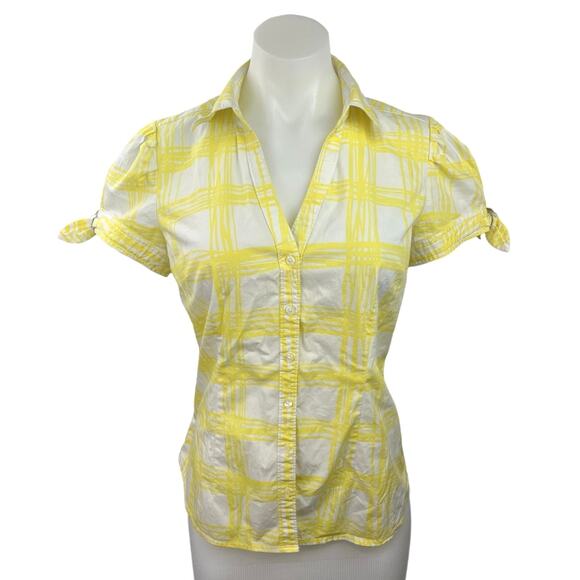 Express Design Studio Yellow White Plaid Button Down Short Sleeve Shirt Top Sz M - Picture 1 of 4
